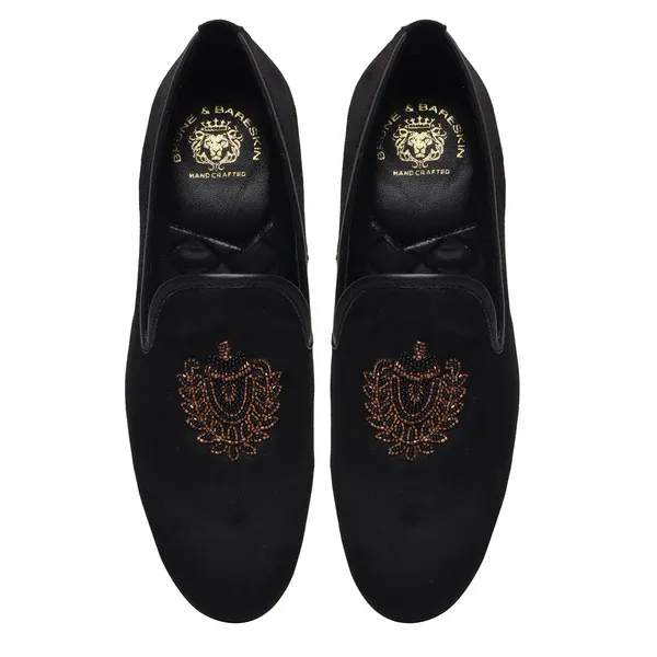 Brune & Bareskin Black Velvet Slip-On Shoes.webp