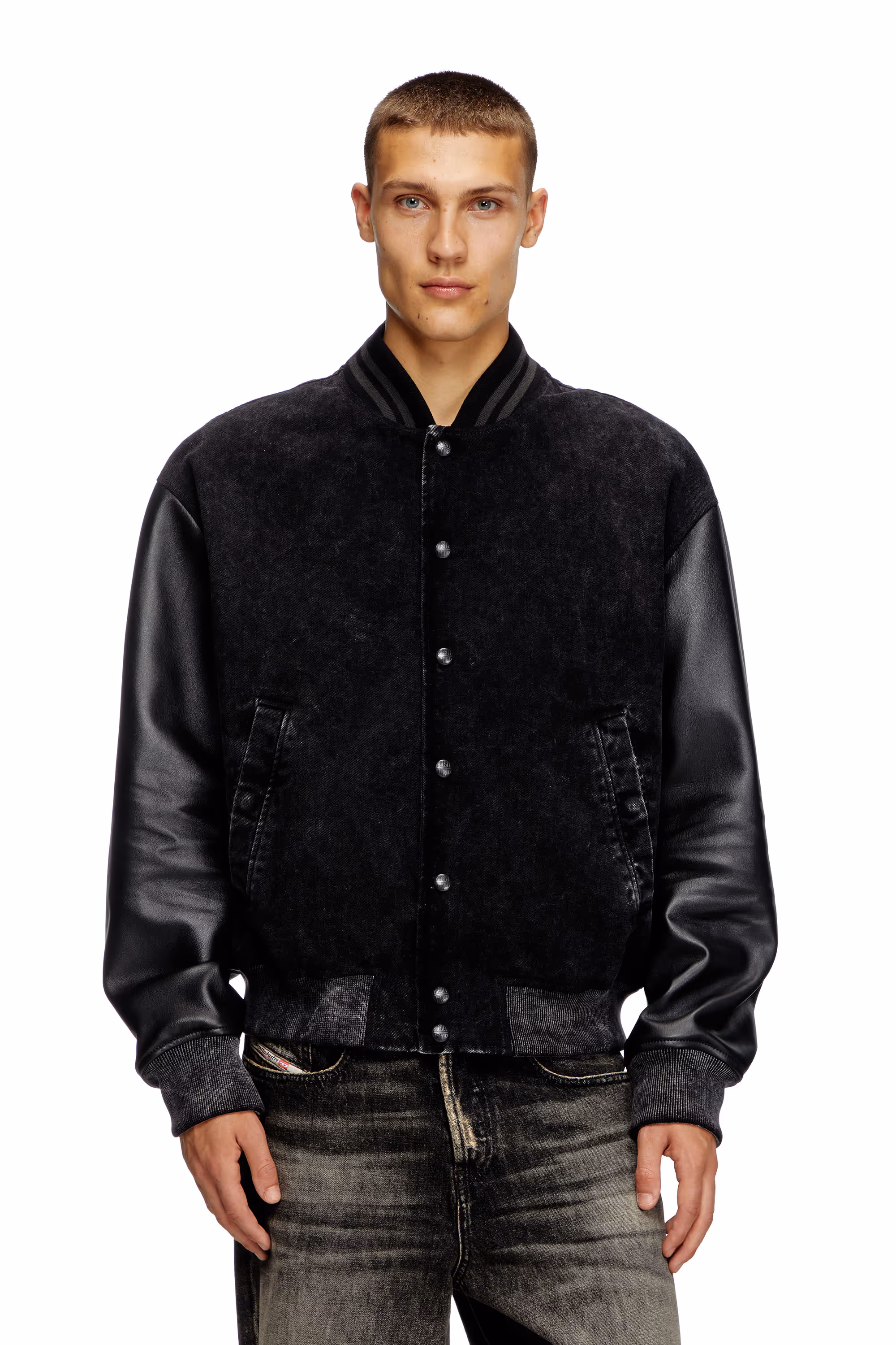 Diesel Black Denim and leather bomber jacket .avif