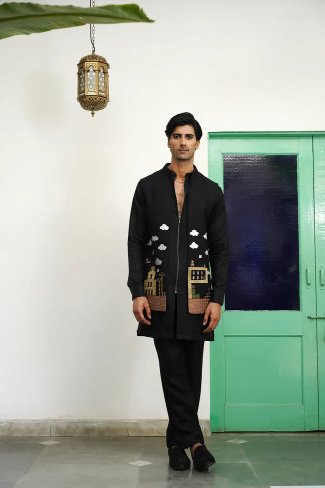 Kalpraag Kshitiz Black Linen Front Open Long Jacket Set .webp