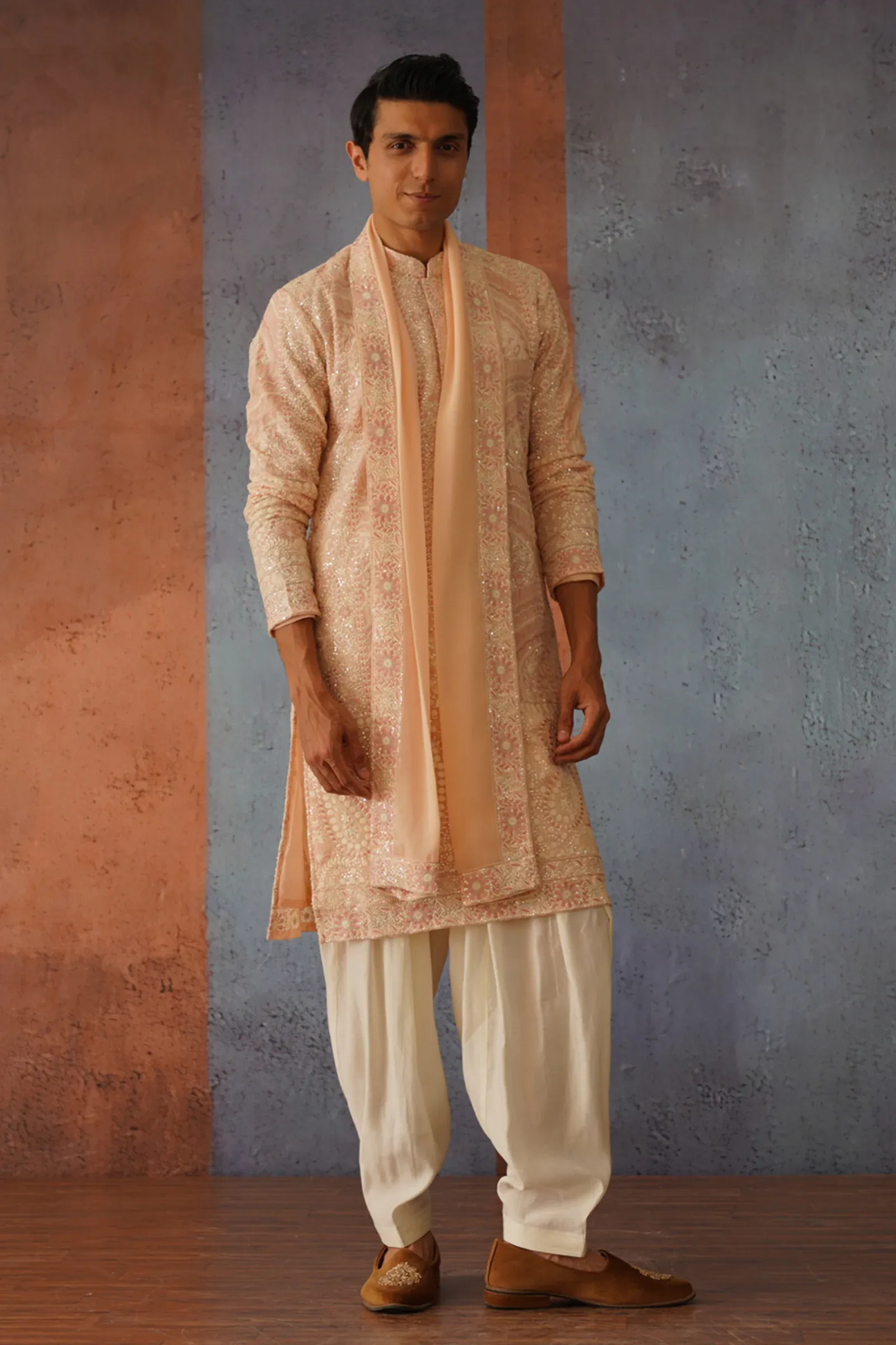 Kalpraag Ovais Peach Embroidered Kurta Set with Dupatta .webp
