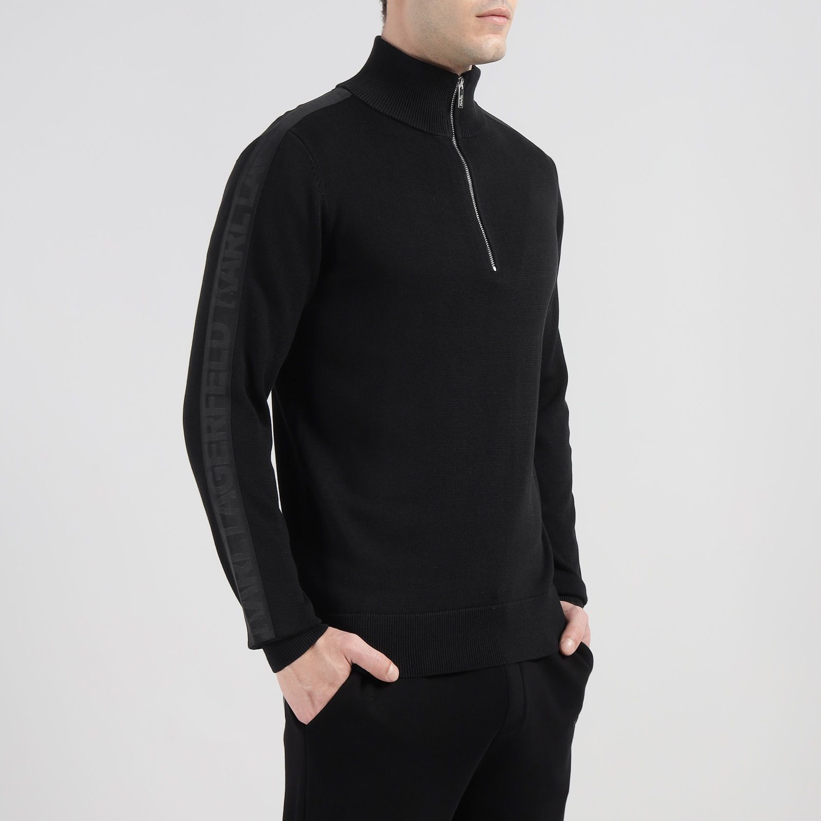 Karl Lagerfeld Men's Black Long Sleeves Half Zip Leather Label Sweater.jpeg