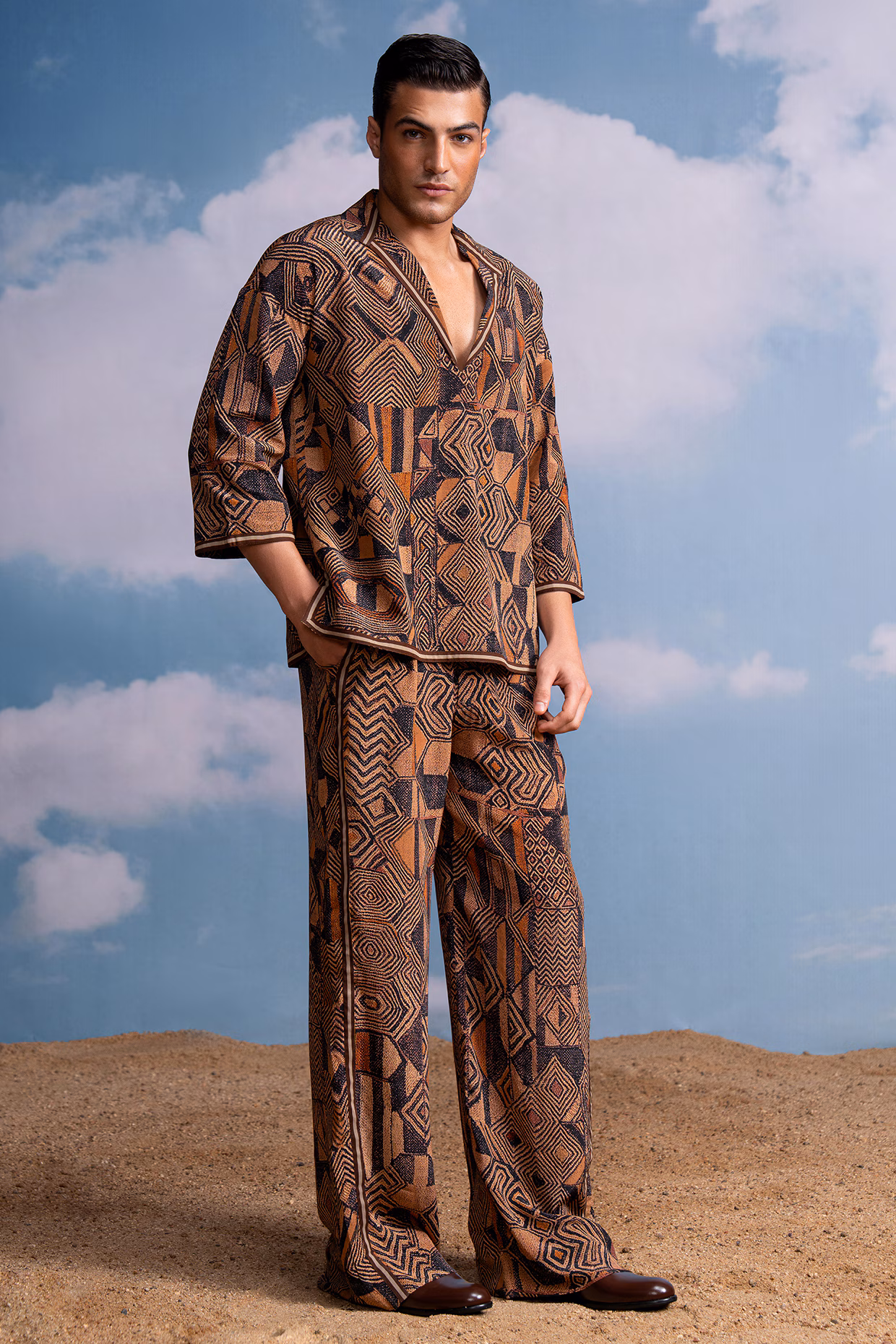 Nikita Mhaisalkar Men Brown Silk Crepe Geometric Printed Co-Ord Set .avif