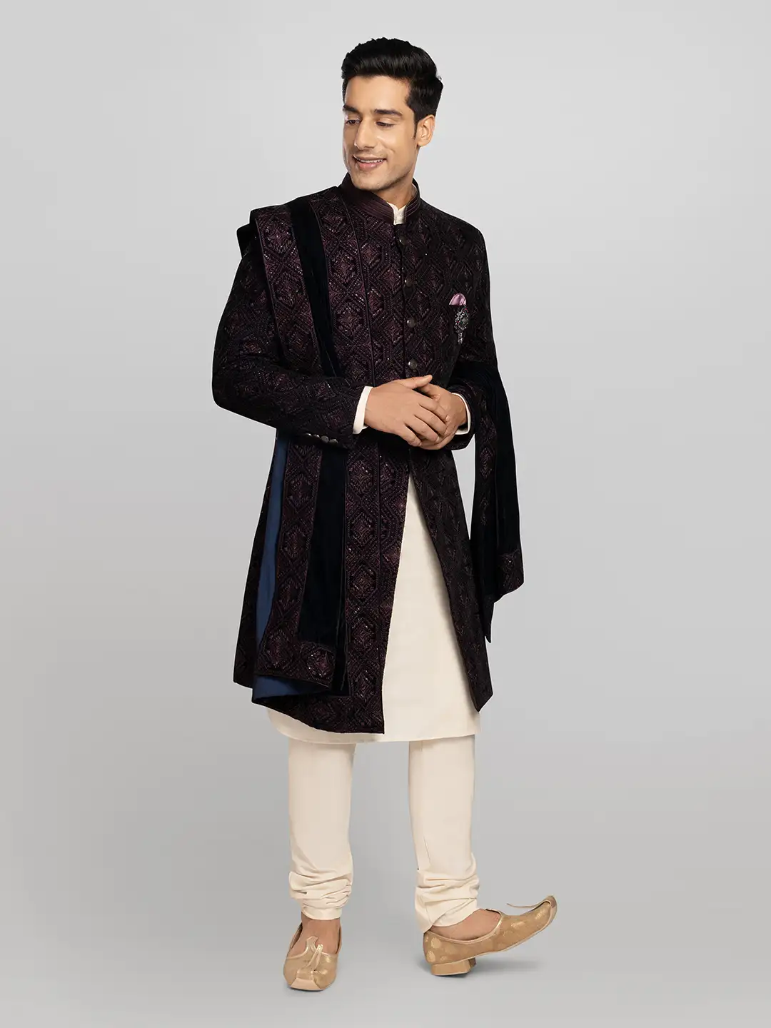 PN Rao Wine Color Men’s Velvet Embroidery Long Suit .webp