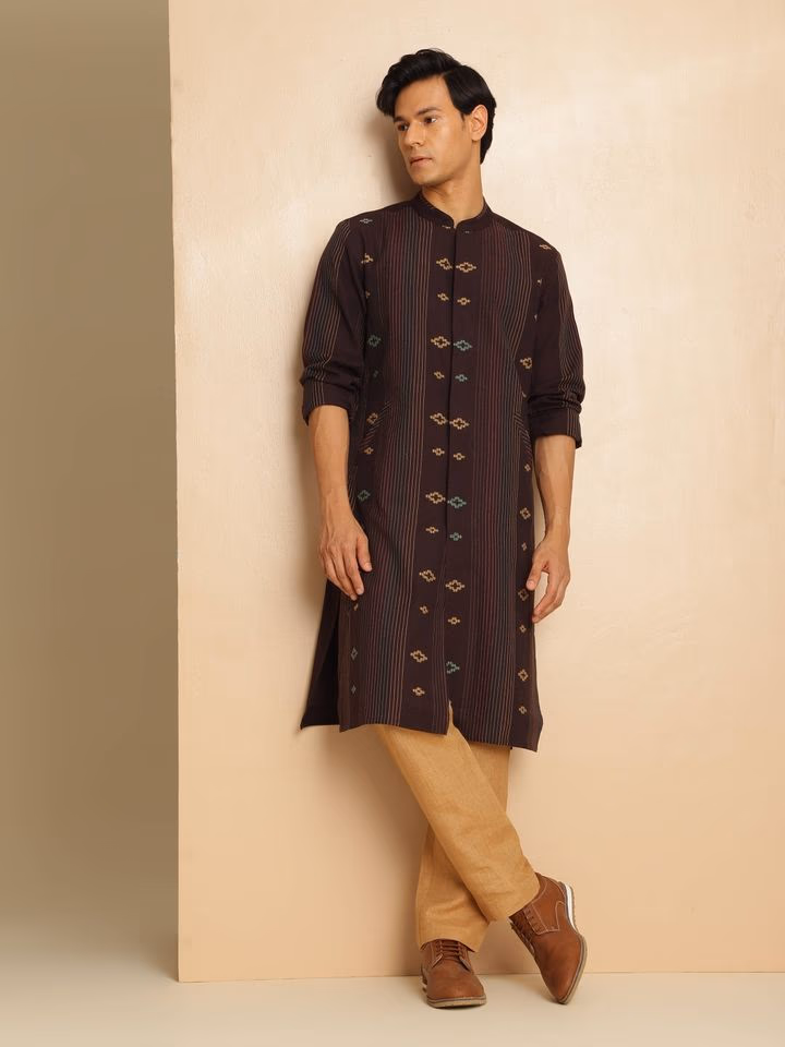 Swadesh Brown Cotton Extra-weft Long Kurta .avif