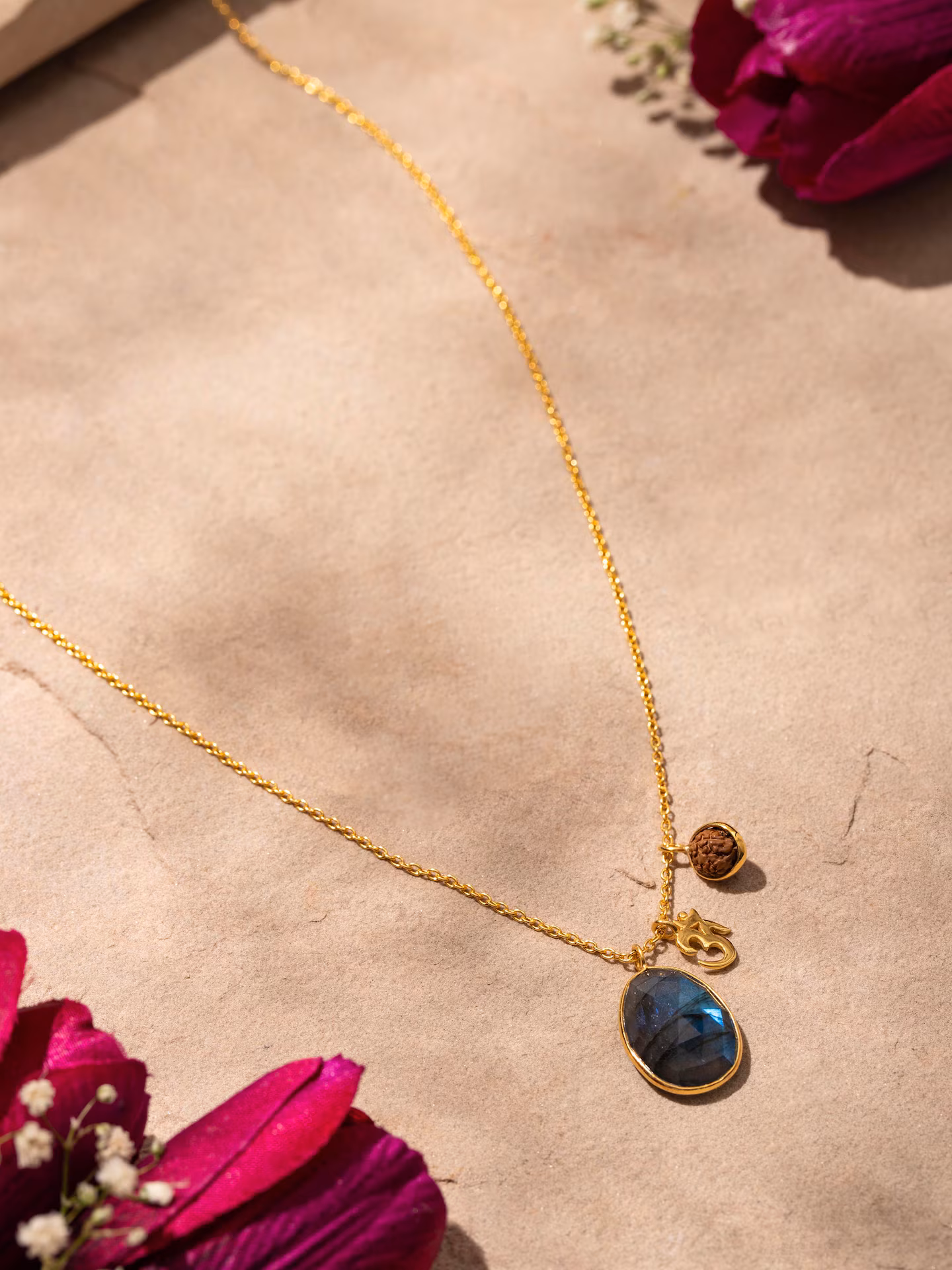 Swadesh Labradorite, Om Silver Charm & Rudraksha, 18K Gold Plated Silver Necklace .avif